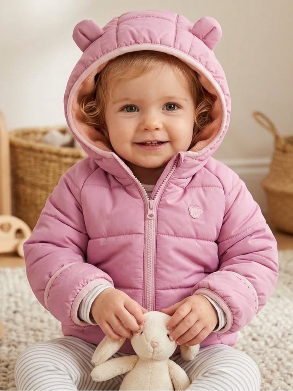 Huggies Toddler Girls Pink Fleece-Lined Bear Ear Puffer Jacket (18 Months)